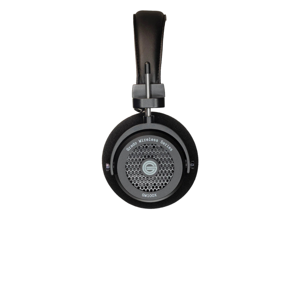 Grado GW100x Wireless Open-Back Headphones, Black, side profile of a single earcup with the model badge and edge controls facing camera