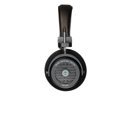 Grado GW100x Wireless Open-Back Headphones, Black, side profile of a single earcup with the model badge and edge controls facing camera