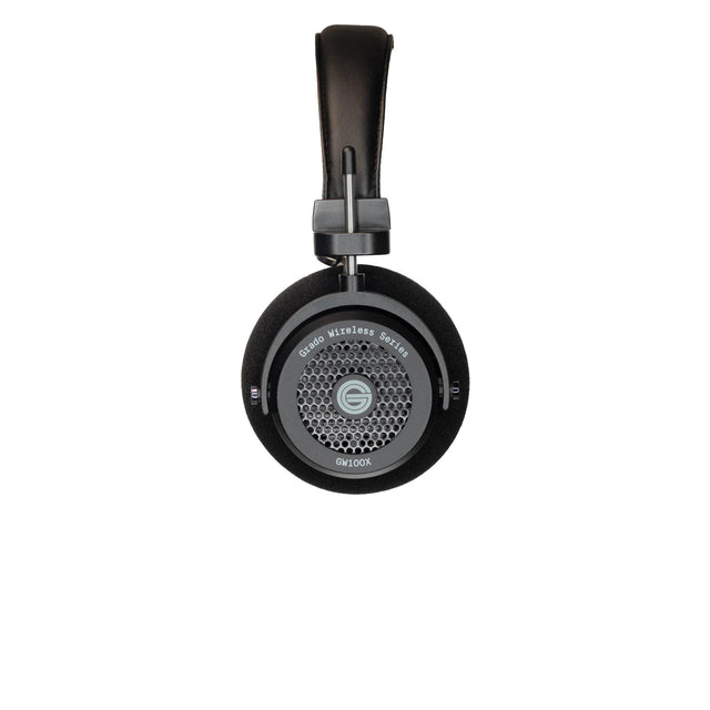 Grado GW100x Wireless Open-Back Headphones, Black, side profile of a single earcup with the model badge and edge controls facing camera