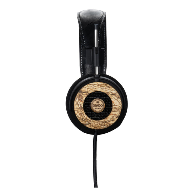 Grado Hemp Classic Series Open-Back Headphones, Hemp and Maple, side profile of a single earcup with the Grado badge and hempwood housing facing camera