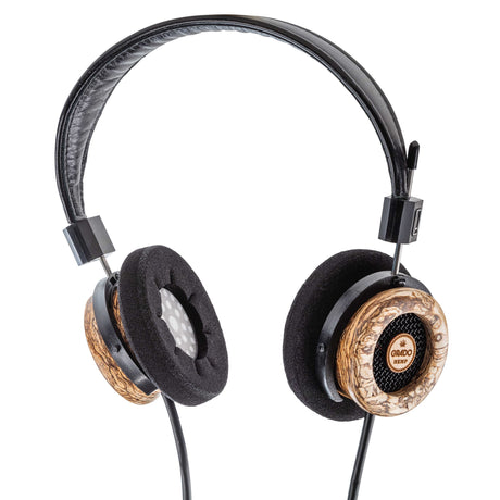 Grado Hemp Classic Series Open-Back Headphones, Hemp and Maple, three-quarter view with one earcup turned to show the cushion and driver