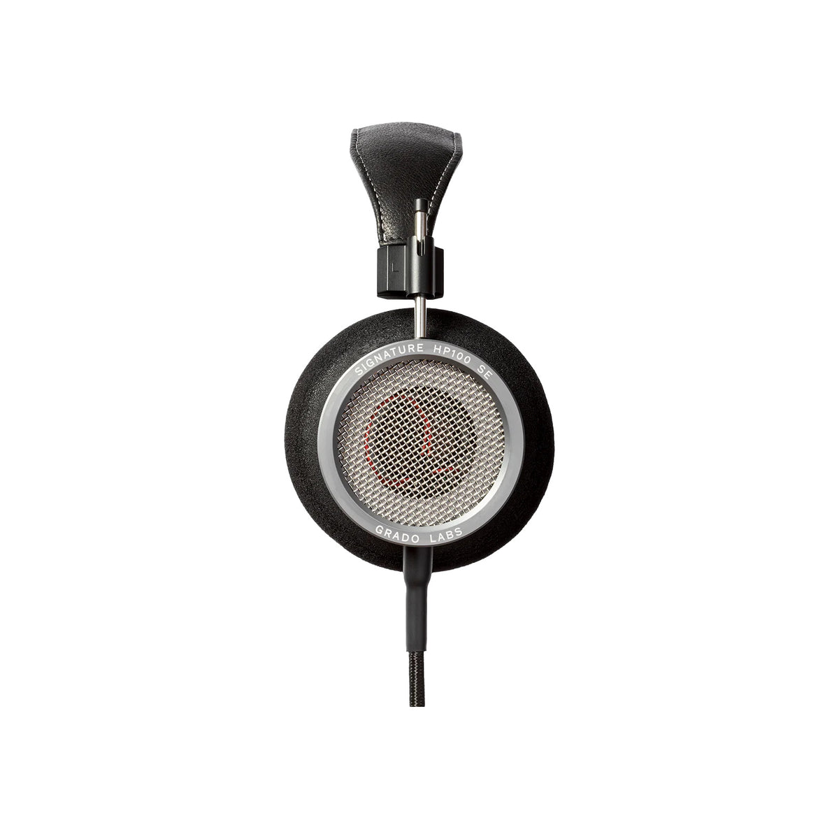 Grado Signature HP100 SE Open-Back Headphones, Space Grey, side profile of a single earcup with the model badge facing camera