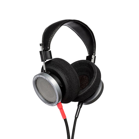 Grado Signature HP100 SE Open-Back Headphones, Space Grey, three-quarter view from the cushion side with the detachable cable attached