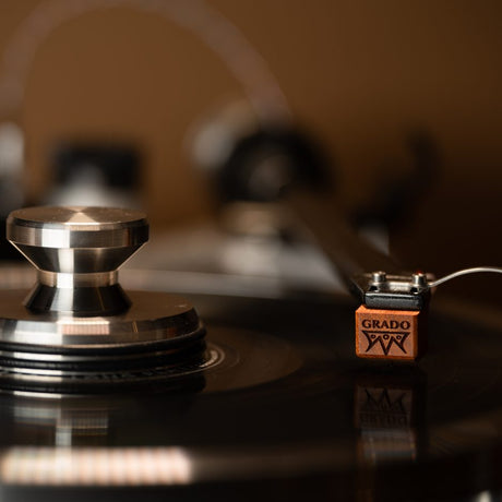 Grado Timbre cartridge dramatic shot with record weight