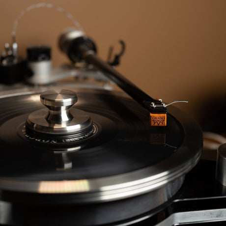 Grado Timbre cartridge in warm-toned turntable system
