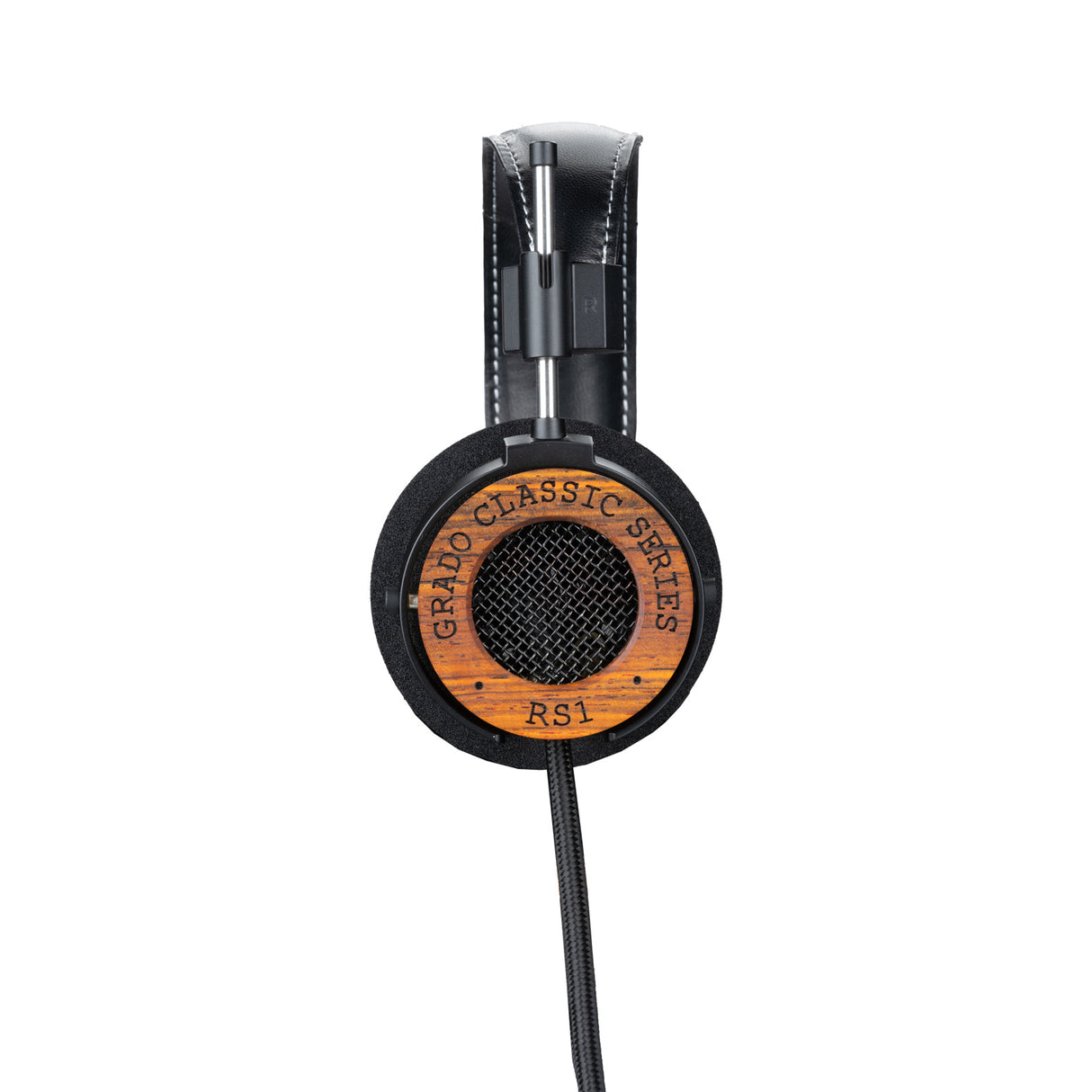 Grado RS1 Classic Series Open-Back Headphones, Tri-Wood, side profile of a single earcup with the model badge and tri-wood housing facing camera
