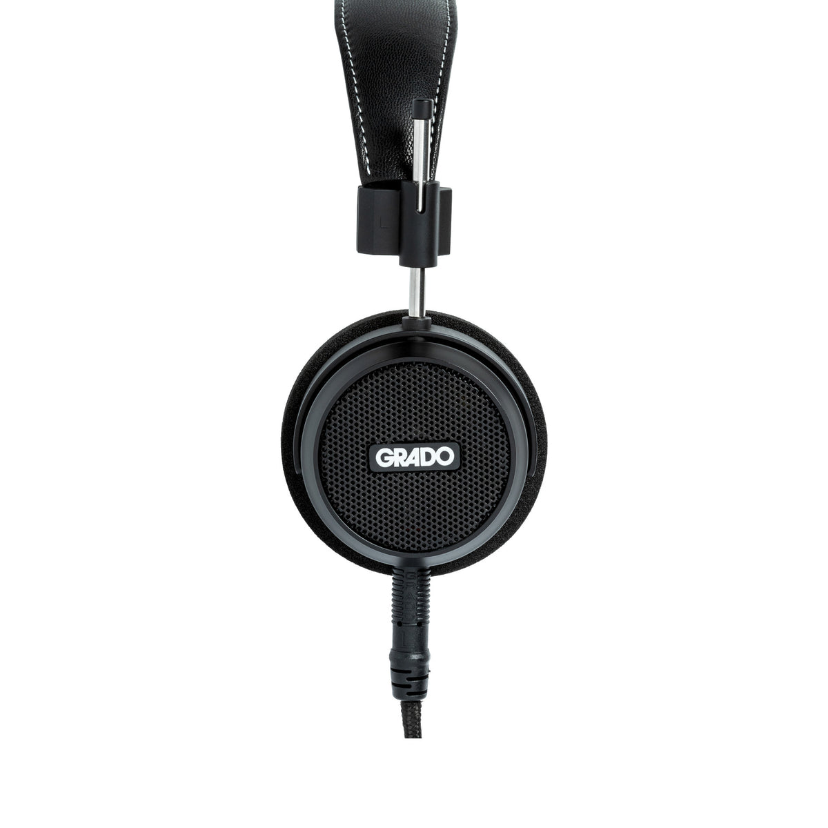 Grado Signature S150 Open-Back Headphones, Matte Black, side profile of a single earcup with the Grado badge facing camera
