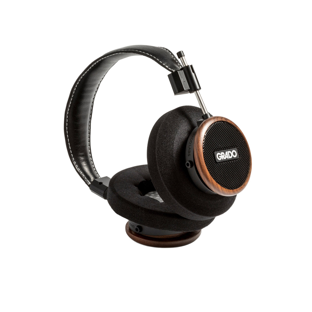 Grado Signature S550 Open-Back Headphones, Brazilian Walnut, angled view resting on a headphone stand