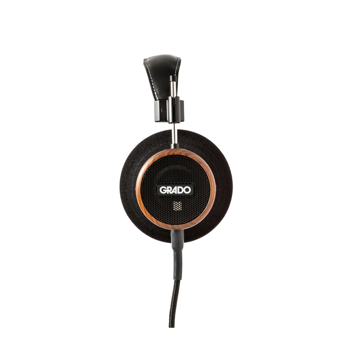 Grado Signature S550 Open-Back Headphones, Brazilian Walnut, side profile of a single earcup with the Grado badge and Brazilian Walnut housing facing camera
