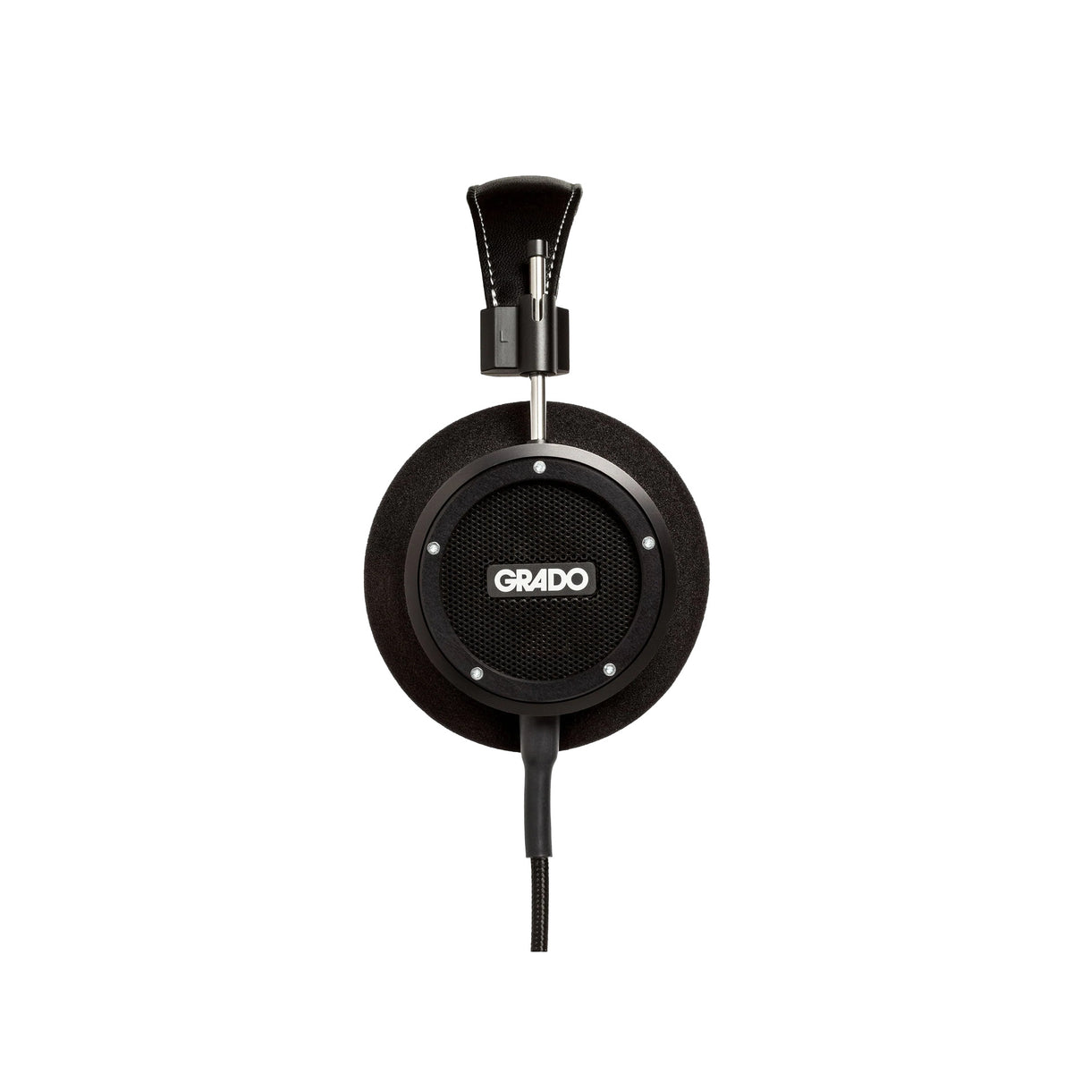 Grado Signature S750 Open-Back Headphones, Black Aluminum, side profile of a single earcup with the Grado badge facing camera
