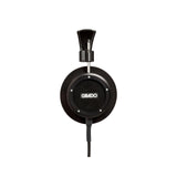 Grado Signature S750 Open-Back Headphones, Black Aluminum, side profile of a single earcup with the Grado badge facing camera
