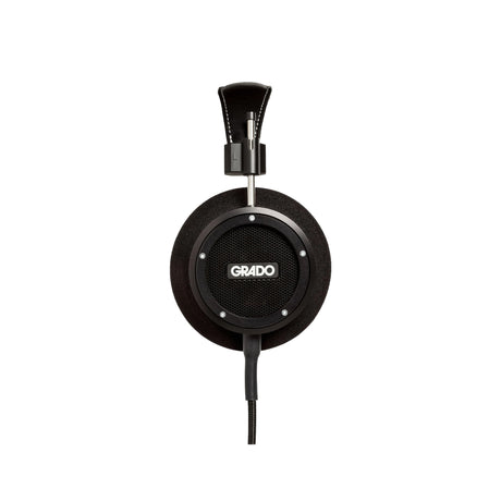 Grado Signature S750 Open-Back Headphones, Black Aluminum, side profile of a single earcup with the Grado badge facing camera