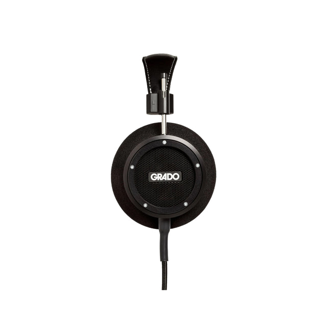 Grado Signature S750 Open-Back Headphones, Black Aluminum, side profile of a single earcup with the Grado badge facing camera
