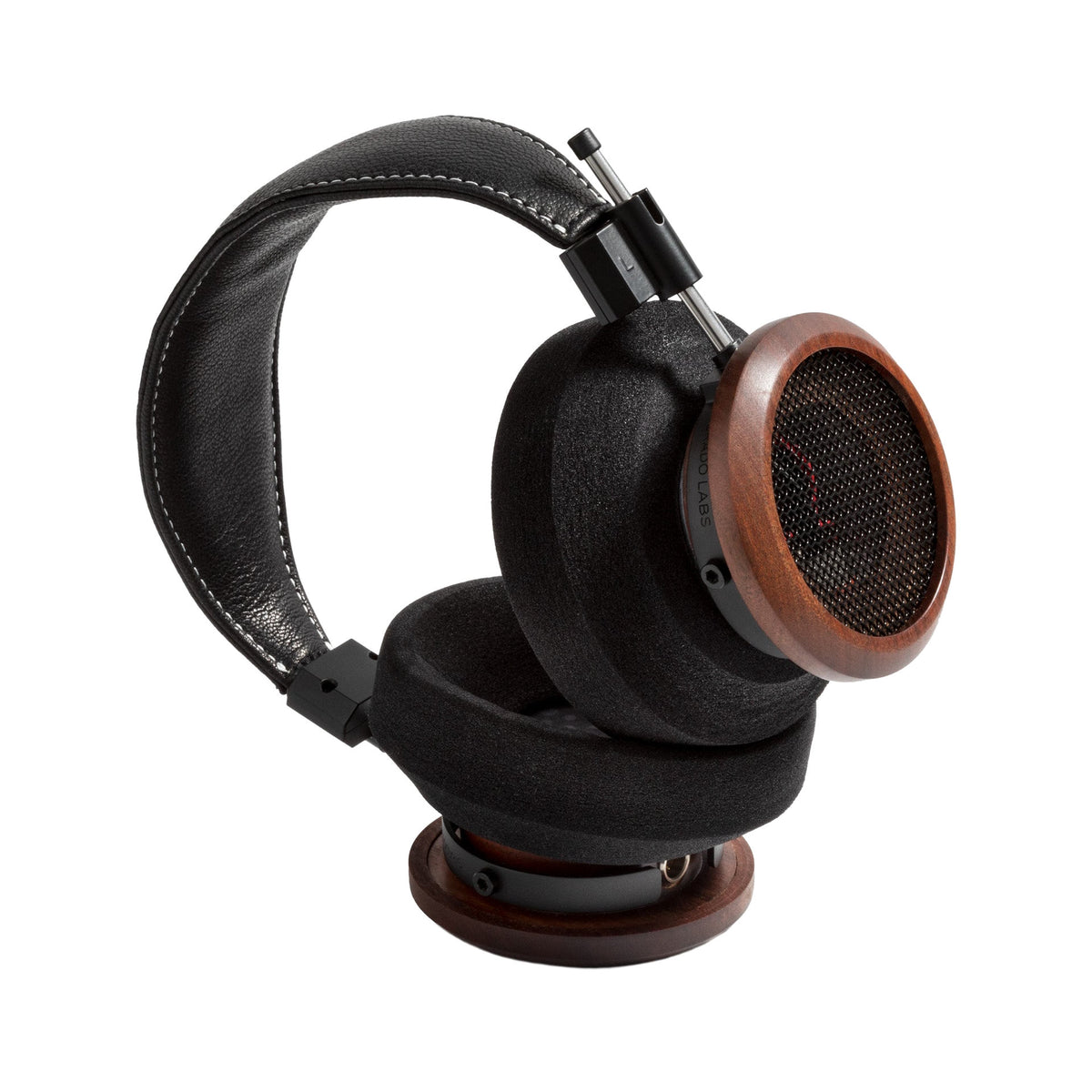 Grado Signature S950 Open-Back Headphones, Brazilian Walnut, angled view resting on a headphone stand
