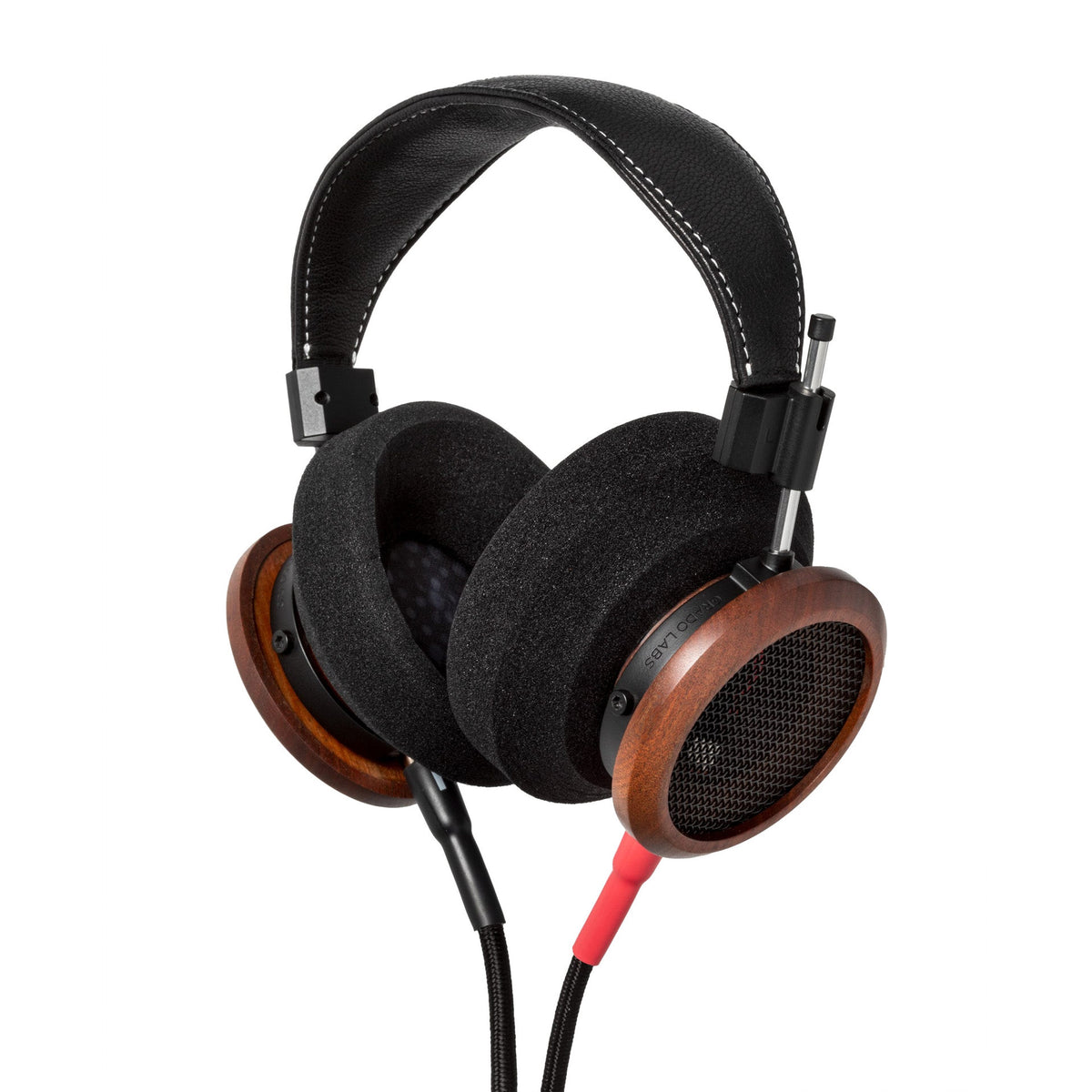 Grado Signature S950 Open-Back Headphones, Brazilian Walnut, three-quarter view from the cushion side with the detachable cable attached