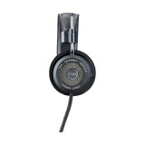 Grado SR325 Classic Series Open-Back Headphones, Black, side profile of a single earcup with the model badge and silver mesh grille