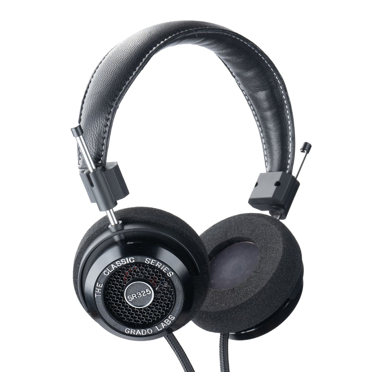 Grado SR325 Classic Series Open-Back Headphones, Black, angled view of aluminum housing