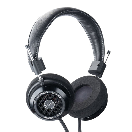 Grado SR325 Classic Series Open-Back Headphones, Black, angled view of aluminum housing