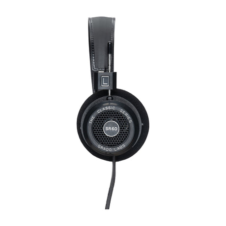 Grado SR60 Classic Series Open-Back Headphones, Black, side profile of a single earcup with the model badge