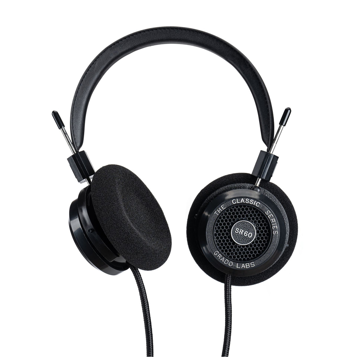 Grado SR60 Classic Series Open-Back Headphones, Black, one earcup rotated to show S cushion profile