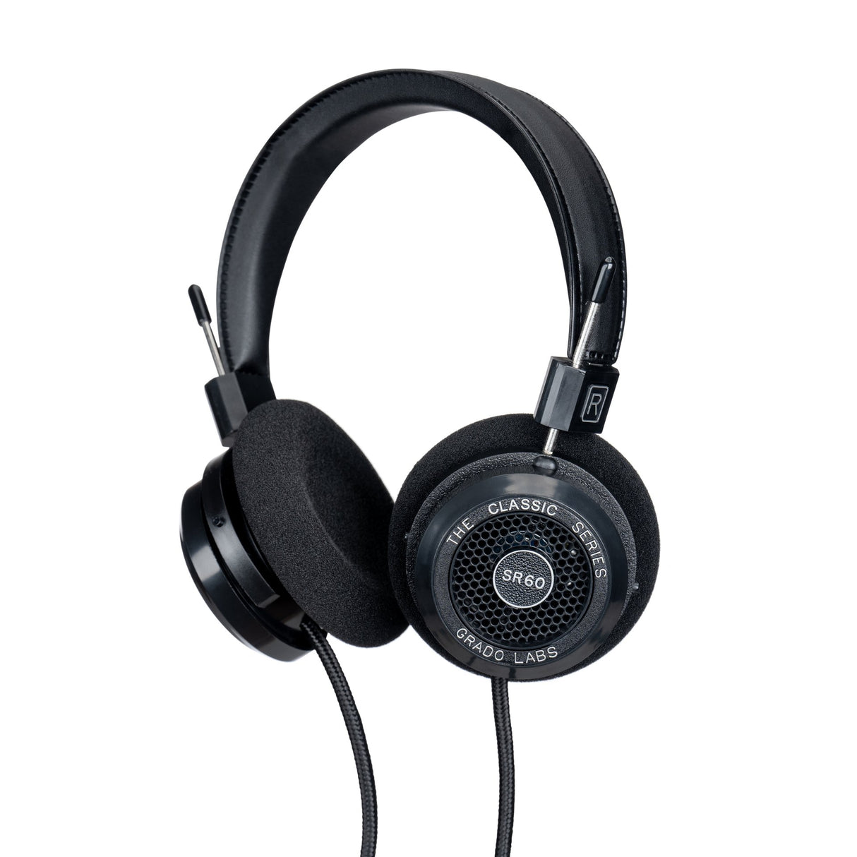 Grado SR60 Classic Series Open-Back Headphones, Black, angled view of right channel earcup