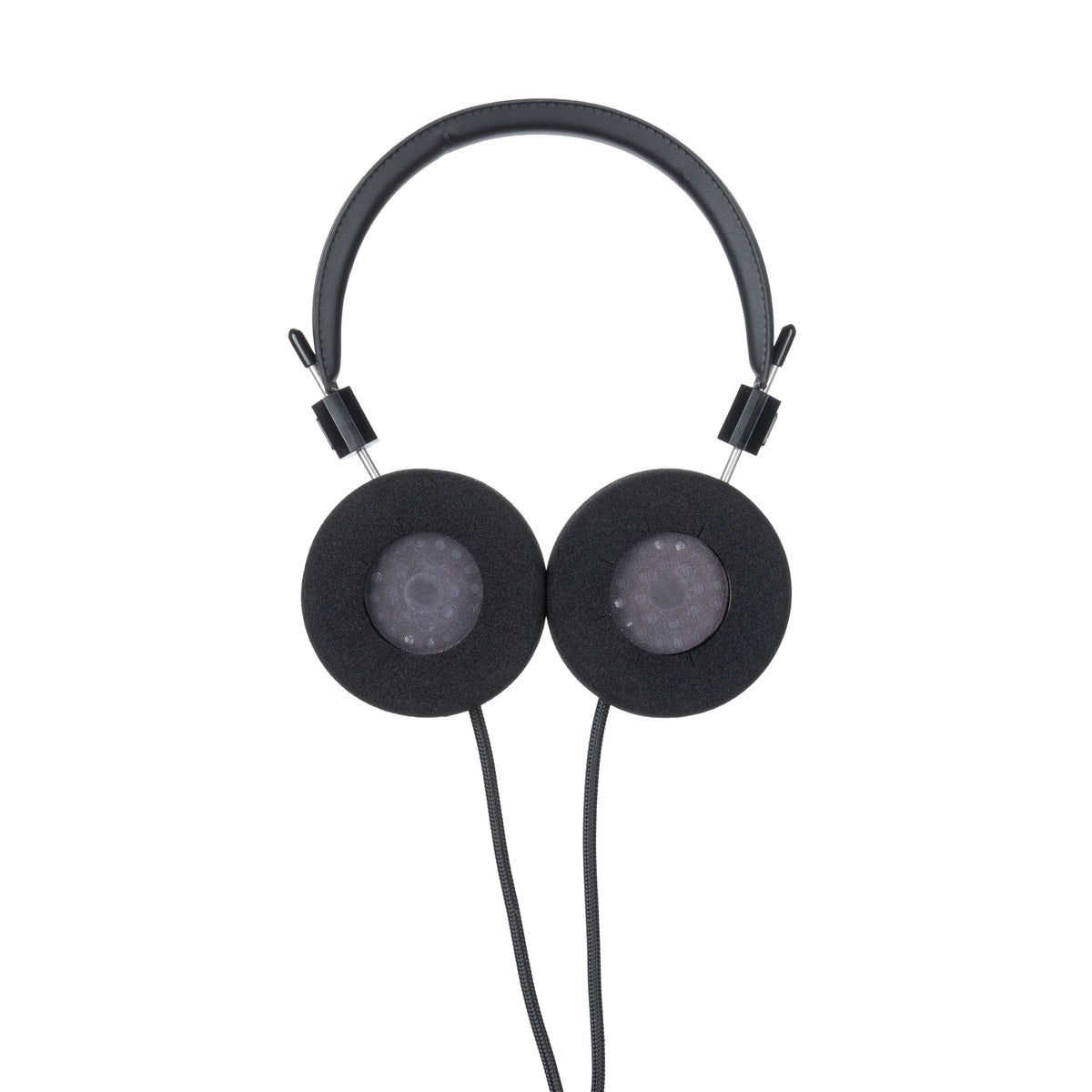Grado SR80 Classic Series Open-Back Headphones, Black, both driver grilles seen through the F cushions