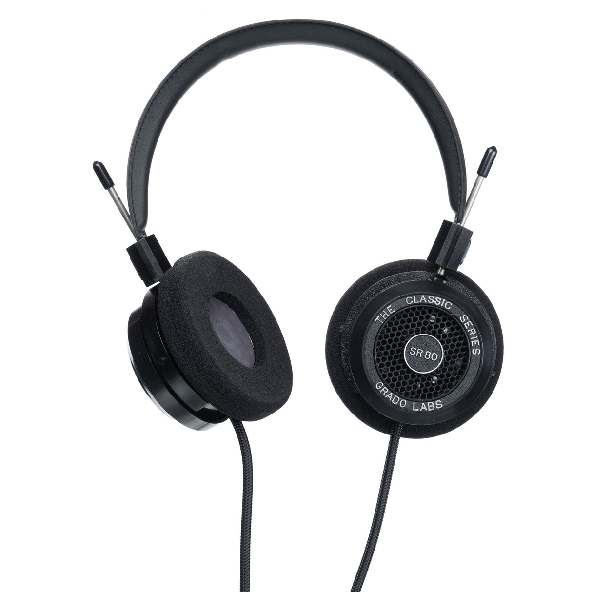 Grado SR80 Classic Series Open-Back Headphones, Black, angled view of F cushion earpads