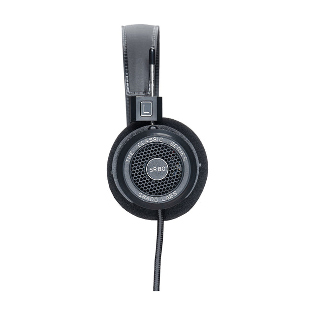 Grado SR80 Classic Series Open-Back Headphones, Black, side profile of a single earcup with the model badge