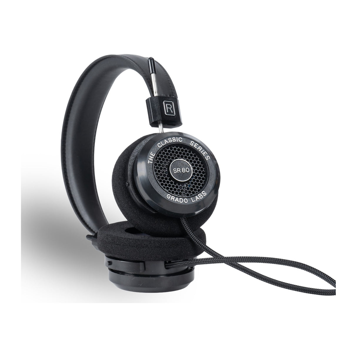 Grado SR80 Classic Series Open-Back Headphones, Black, three-quarter diagonal view