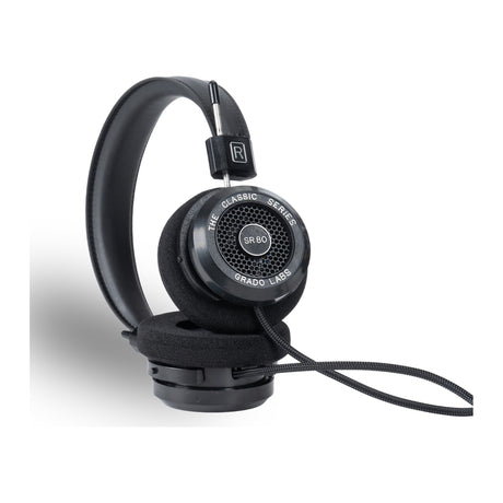 Grado SR80 Classic Series Open-Back Headphones, Black, three-quarter diagonal view
