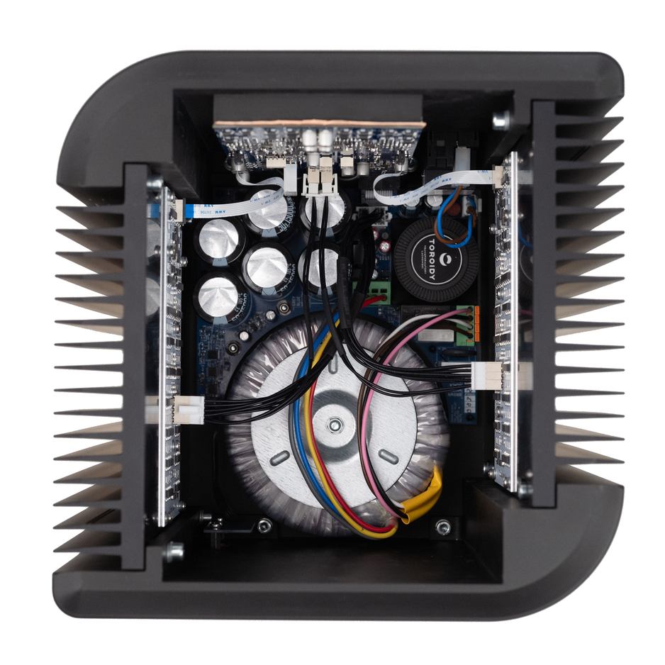 Grimm Audio PA1 interior showing the aluminum PCB and Amplimo toroidal transformer