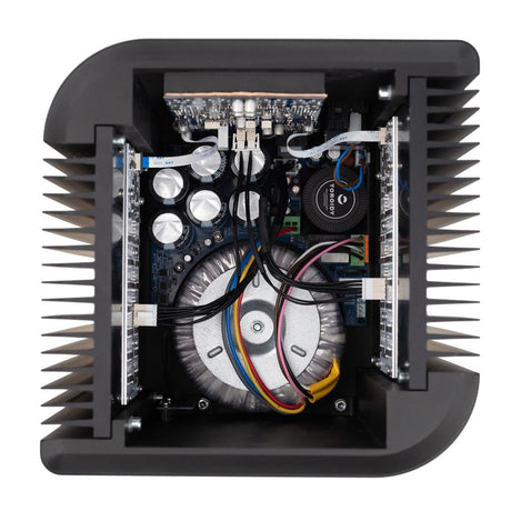 Grimm Audio PA1 interior showing the aluminum PCB and Amplimo toroidal transformer