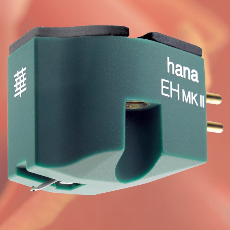 HANA EH MK II Moving Coil Phono Cartridge, Moss Green, three-quarter diagonal view on the Hana campaign backdrop