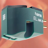 HANA EL MK II Moving Coil Phono Cartridge, Moss Green, three-quarter diagonal view on the Hana campaign backdrop