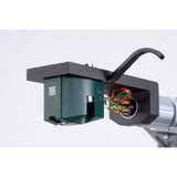 HANA EH Moving Coil Phono Cartridge (Open Box), green body mounted on a headshell with tonearm lead wires attached