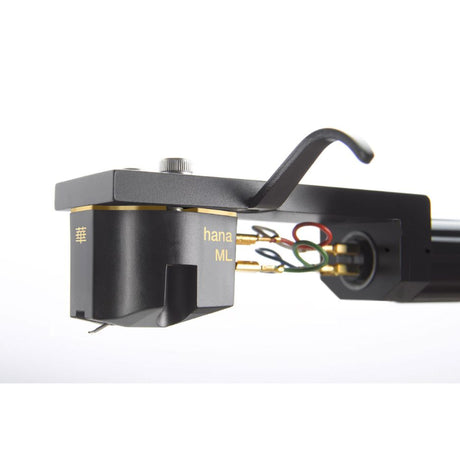 HANA ML Moving Coil Phono Cartridge (Open Box), mounted on a headshell with gold pins and colored lead wires