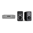 Mike's $1,299 HiFi System: Cambridge Audio AXR100 stereo receiver in grey beside a pair of Rega Kyte bookshelf speakers in black, one facing forward and one angled to show its curved cabinet