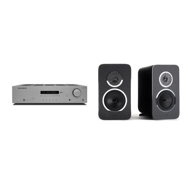Mike's $1,299 HiFi System: Cambridge Audio AXR100 stereo receiver in grey beside a pair of Rega Kyte bookshelf speakers in black, one facing forward and one angled to show its curved cabinet