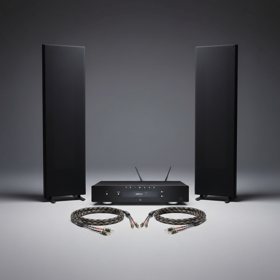 Magnepan 1.7x planar magnetic speakers flanking a Primare I15 Prisma MK2 amplifier with ViaBlue SC-4 speaker cables in a dark studio setting