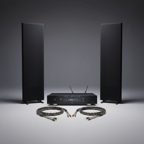 Magnepan 1.7x planar magnetic speakers flanking a Primare I15 Prisma MK2 amplifier with ViaBlue SC-4 speaker cables in a dark studio setting