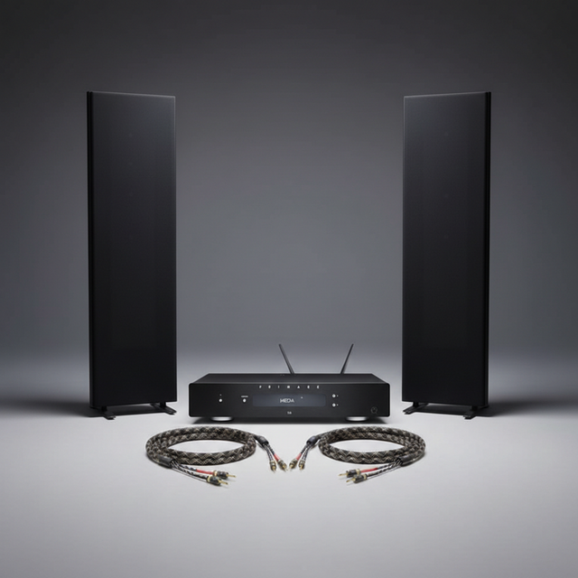 Magnepan 1.7x planar magnetic speakers flanking a Primare I15 Prisma MK2 amplifier with ViaBlue SC-4 speaker cables in a dark studio setting