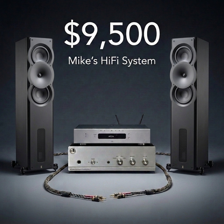 Mike's $9,500 HiFi System: a pair of Perlisten A3t tower speakers in Satin Black flanking a Primare SC-15 network player stacked on a Rogue Audio Sphinx integrated amplifier, with ViaBlue speaker cables in the foreground