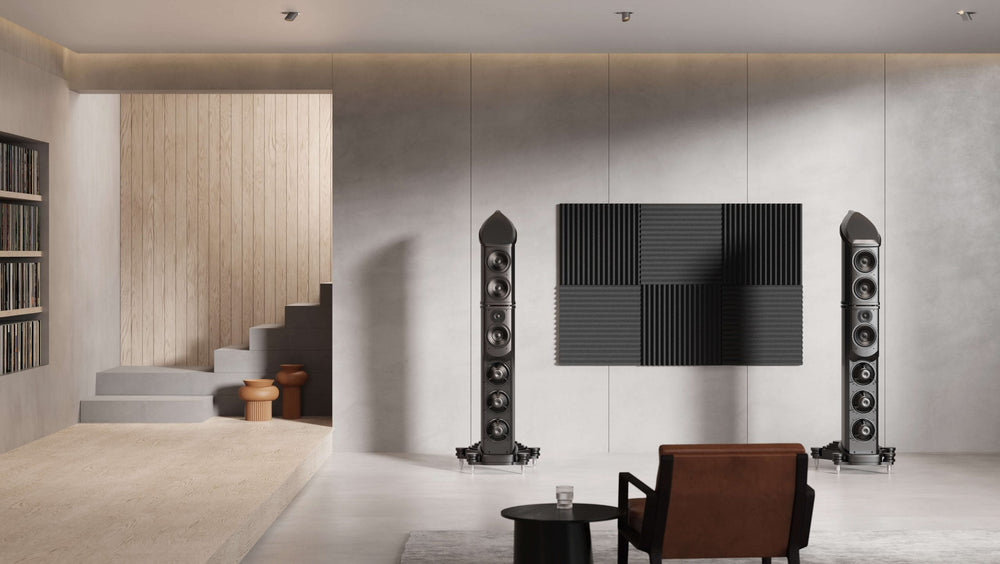 Wilson Benesch Omnium Floorstanding Speakers in a luxury space with sound proofing and a listening chair