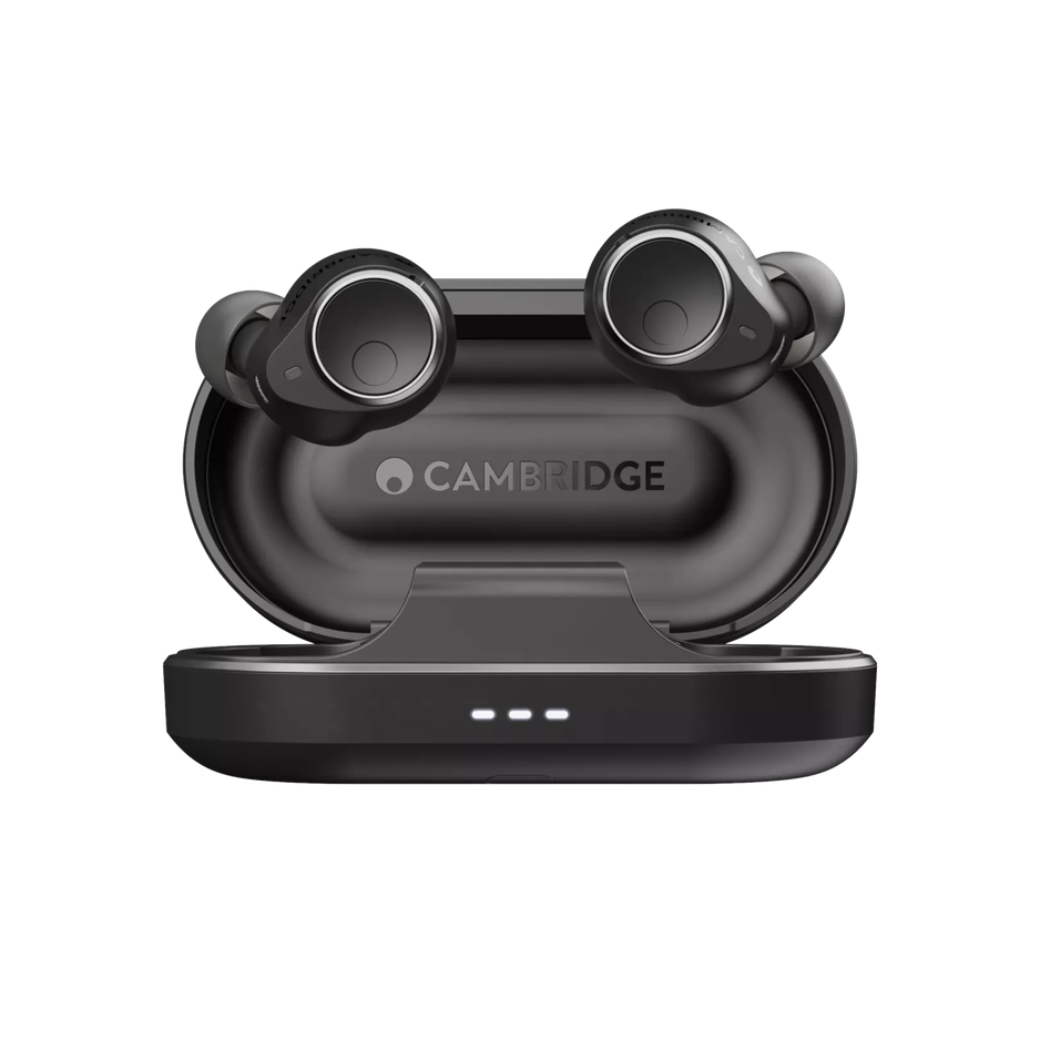 Cambridge Audio M100 case open front view with earbuds and Cambridge branding
