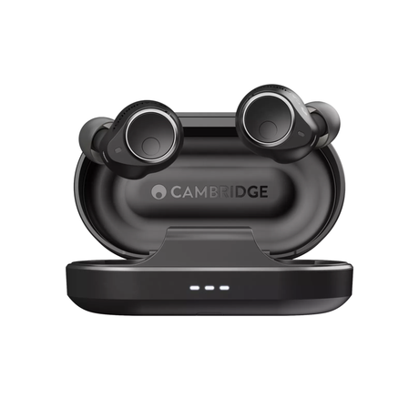 Cambridge Audio M100 case open front view with earbuds and Cambridge branding