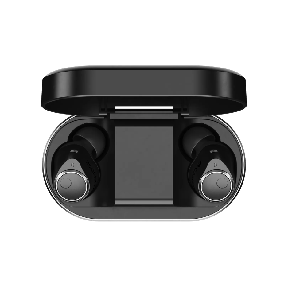 Cambridge Audio M100 charging case open top-down view with earbuds seated