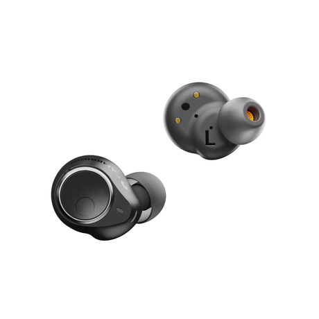 Cambridge Audio Melomania M100 left and right earbuds showing driver detail and charging pins