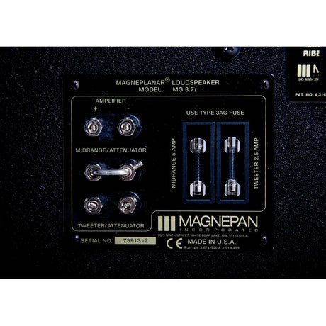Magnepan 3.7i rear connection panel close-up, binding posts, attenuators, and fuses with the MG 3.7i nameplate