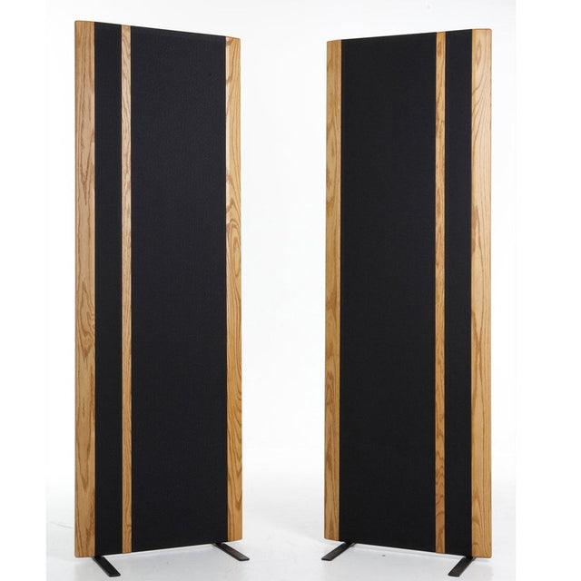 Magnepan 3.7i Planar Magnetic Speakers, Black fabric with Natural Oak trim, front view of stereo pair