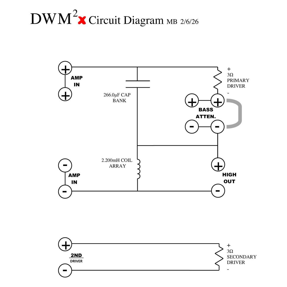 Magnepan DWM²x Bass Panel circuit diagram, 266 µF capacitor bank, 2.2 mH coil array, 3 ohm primary and secondary drivers